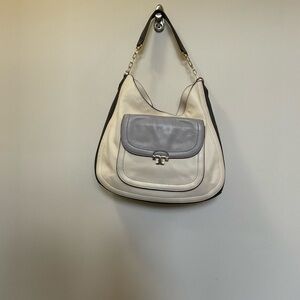Tory Burch Sammy Large Hobo Cream Brown Grey Pebbled Leather Shoulder Bag Purse